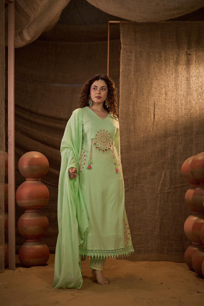 Pista Green Mandala Embroidered Anarkali Suit Set with Dupatta