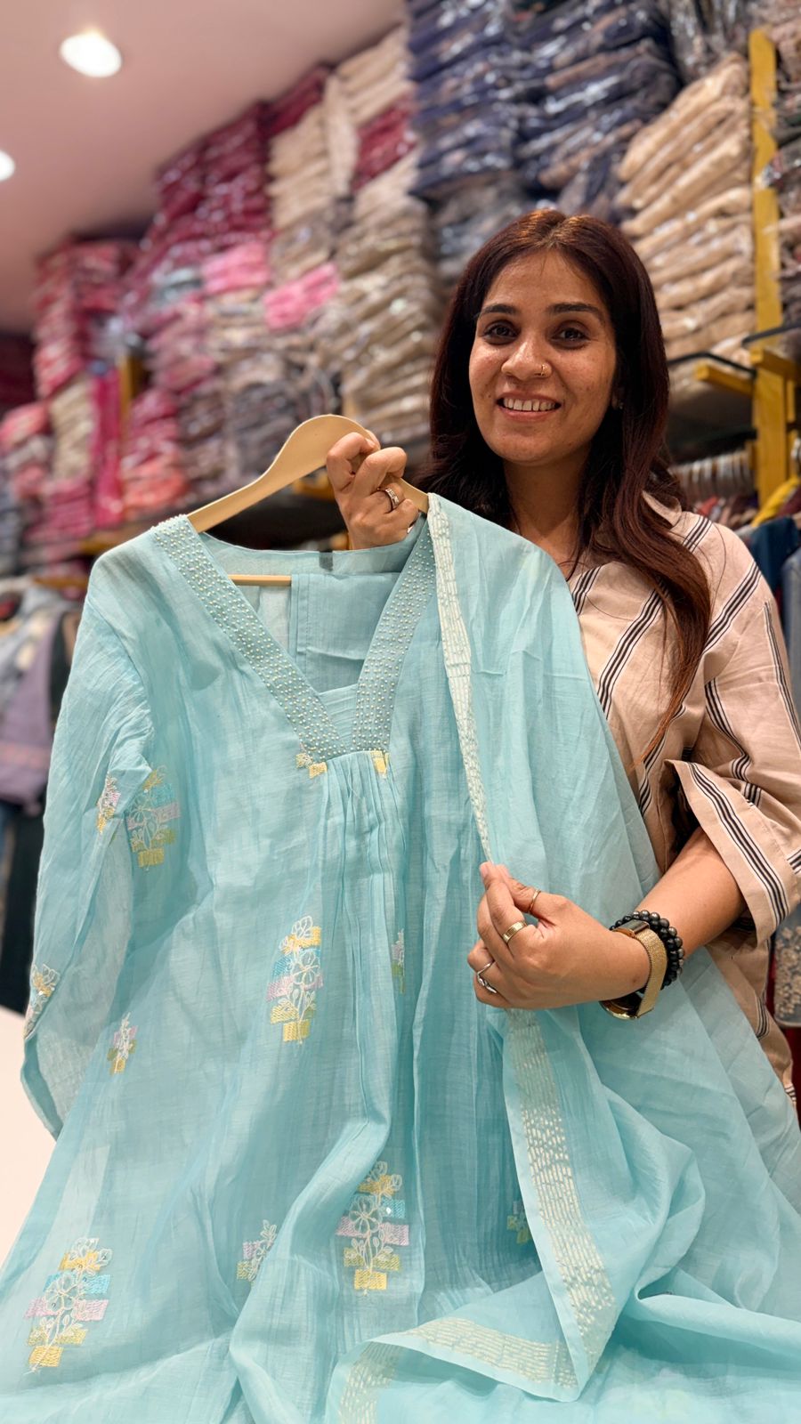 Aqua Bloom Mul Chanderi Suit Set