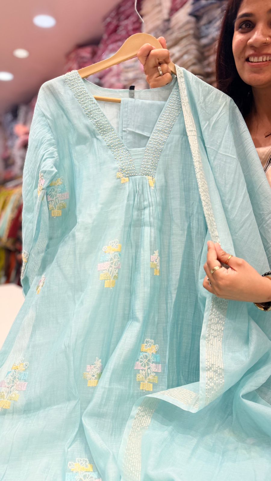 Aqua Bloom Mul Chanderi Suit Set