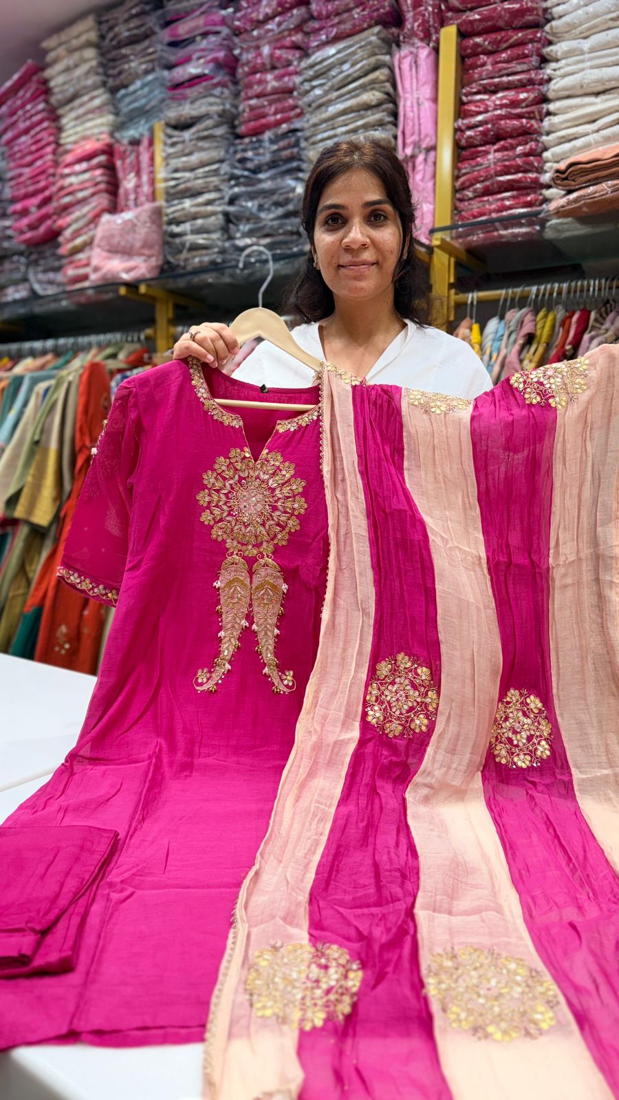 Elite Rani Pink Mul Chanderi Suit Set