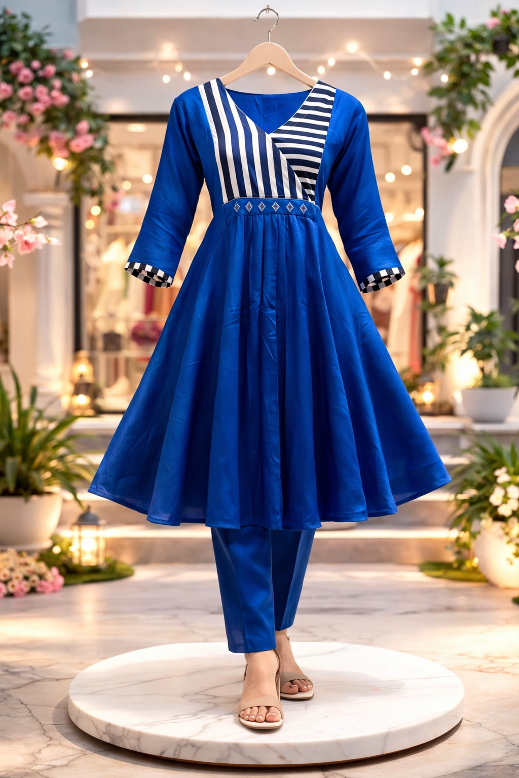 Royal Blue Striped Panel A-Line Kurta Set