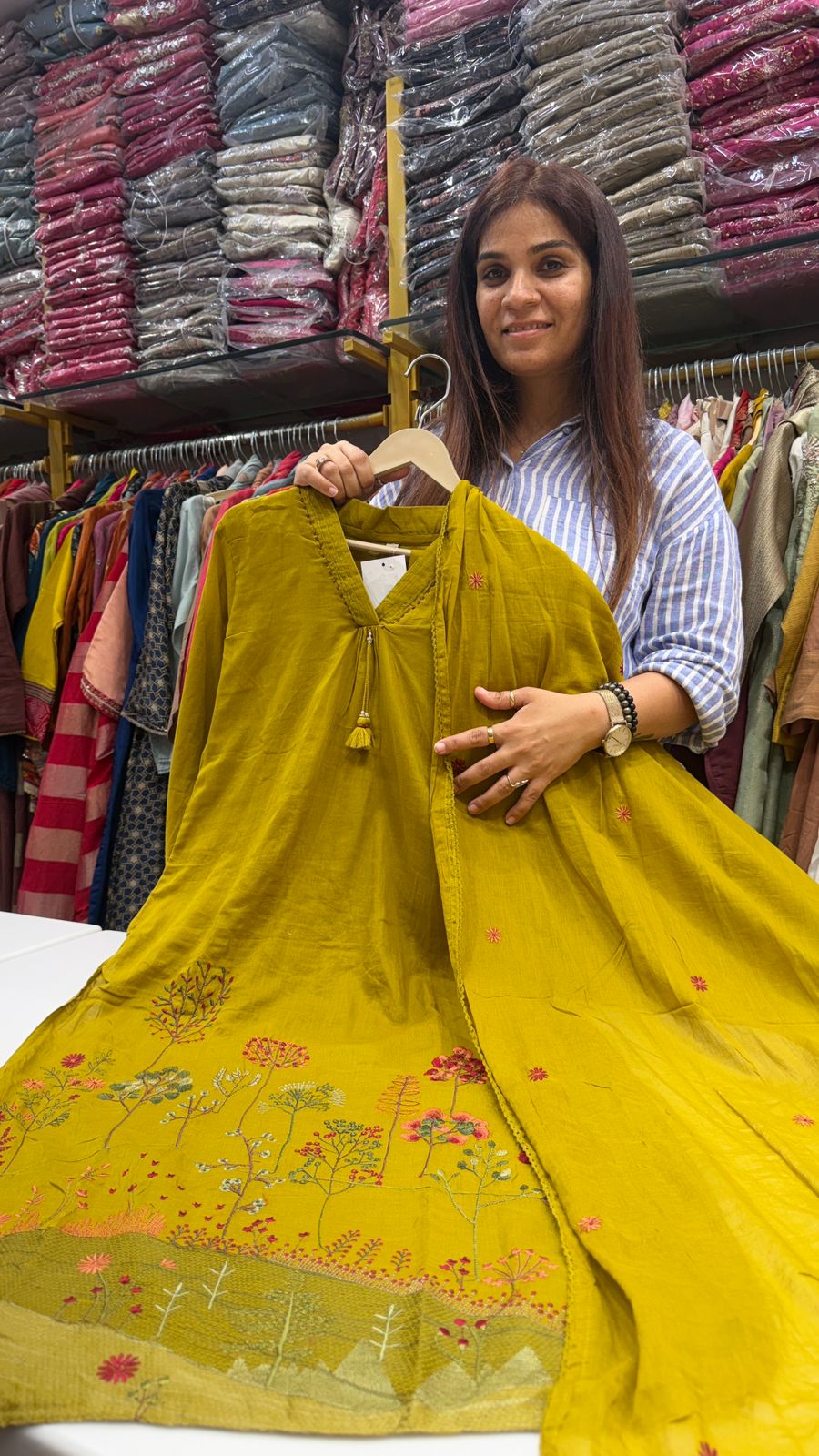 Mehndi Green Mul Cotton Embroidery Suit Set