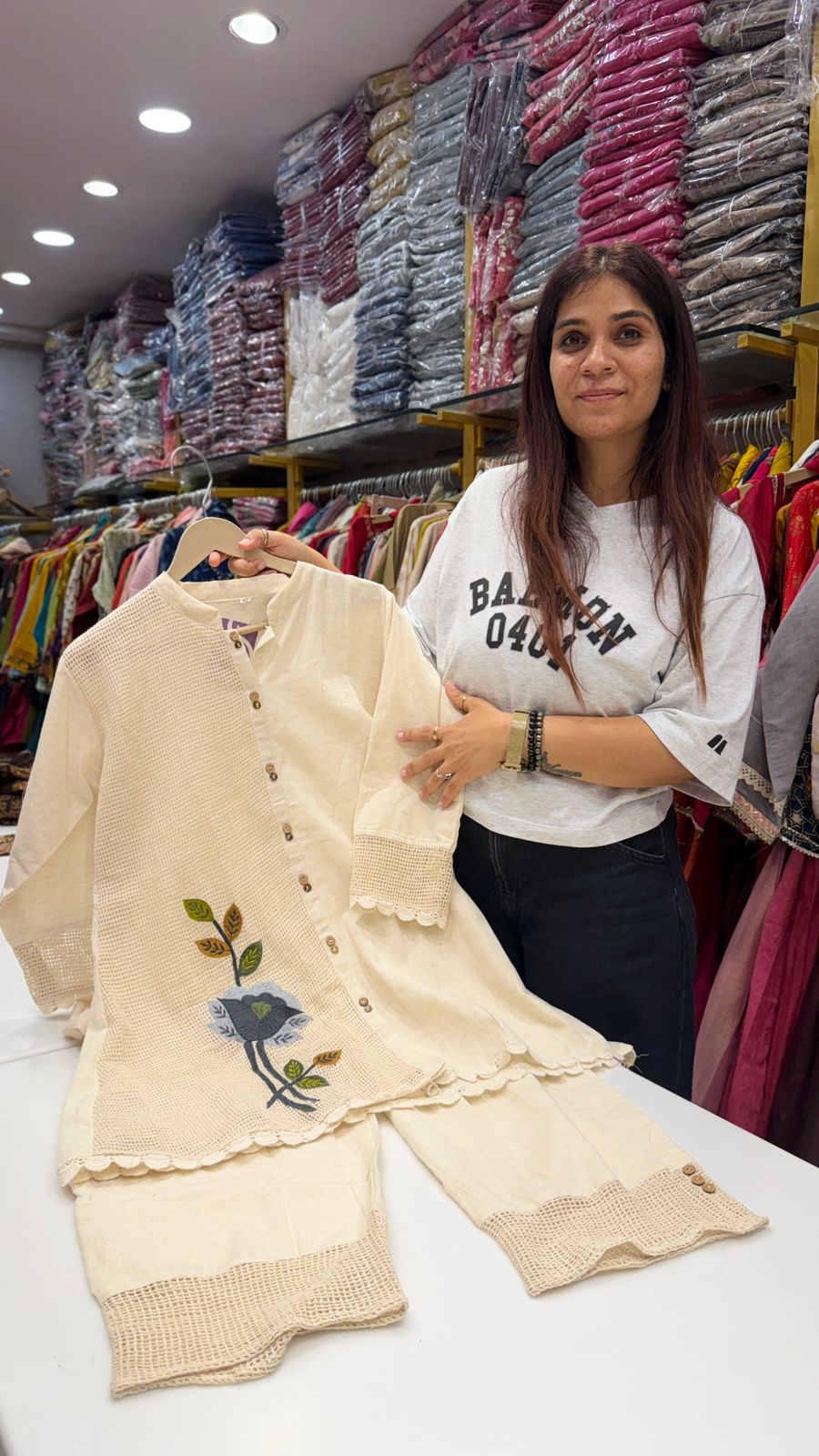 Jute+Linen Cotton Embroidered Co-Ord Set in Classic Ivory