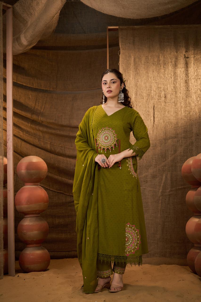 Olive Mandala Embroidered Anarkali Suit Set with Dupatta