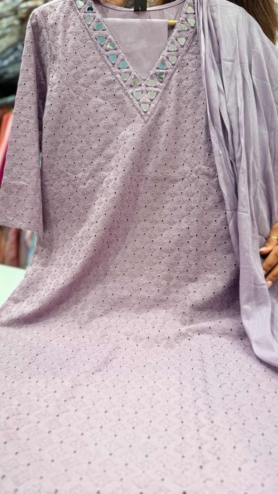Lavender Mirror Work Cotton Suit Set
