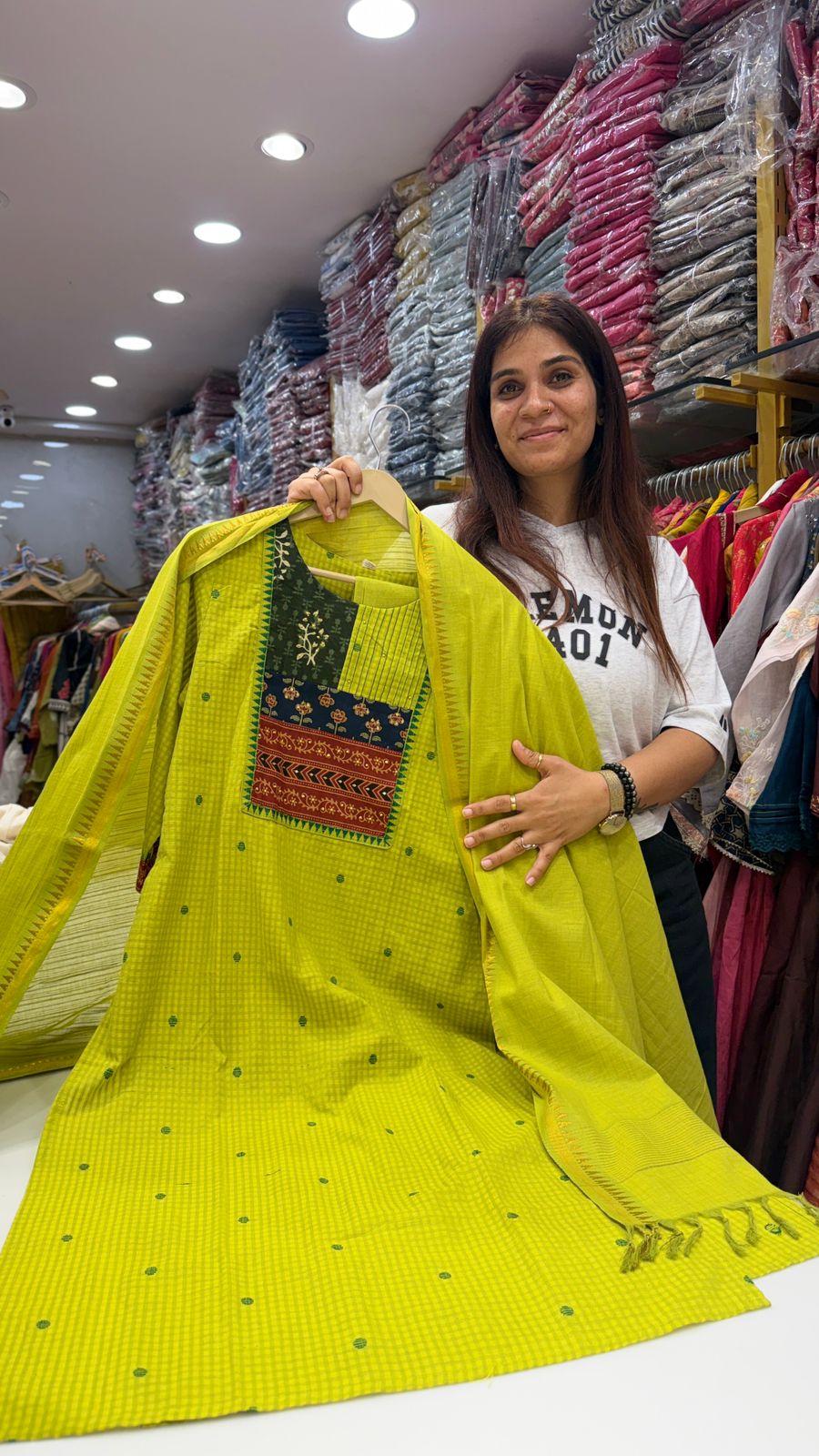 Lime Yellow Handloom Kurta Set with Statement Yoke & Dupatta