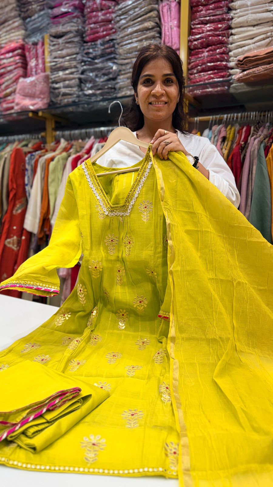 Yellowish Green Mul Chanderi Suit Set