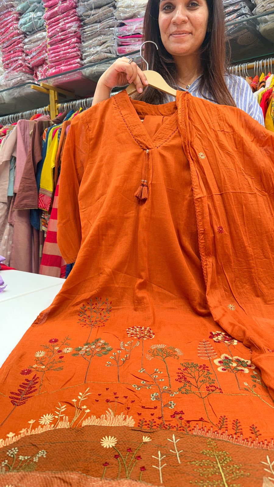 Amber Rust Mul Cotton Embroidery Suit Set