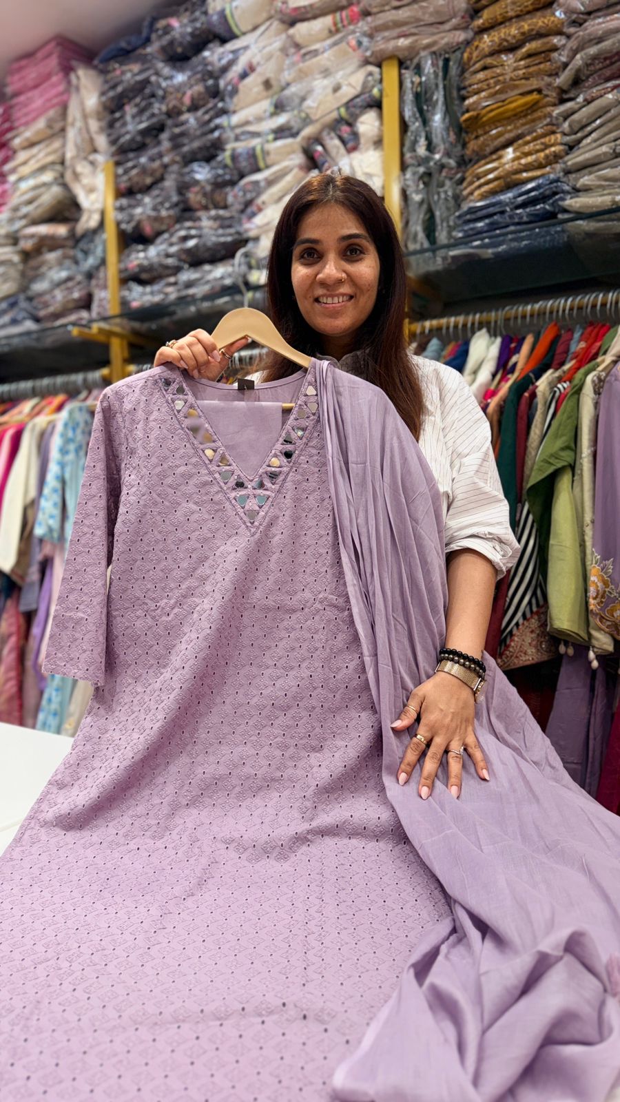 Lavender Mirror Work Cotton Suit Set