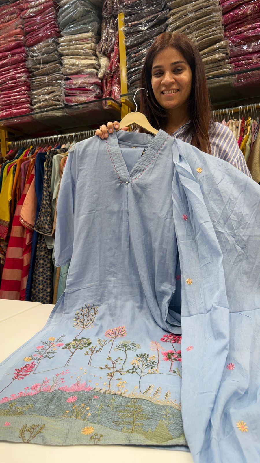 Powder Blue Mul Cotton Embroidery Suit Set