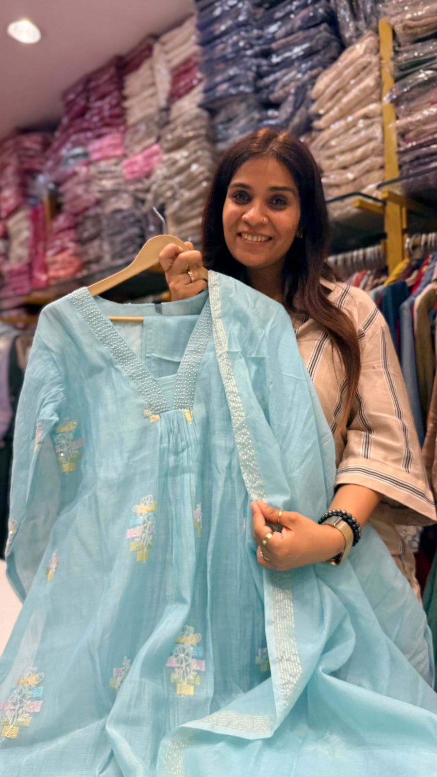 Aqua Bloom Mul Chanderi Suit Set