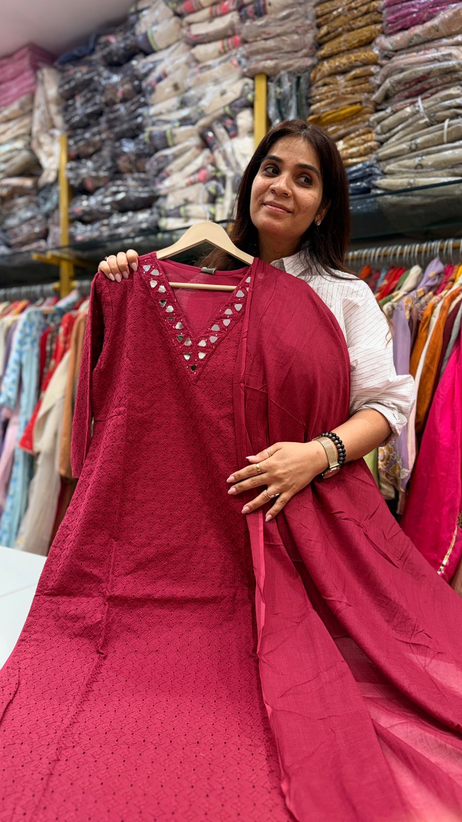 Ruby Mirror Work Cotton Suit Set