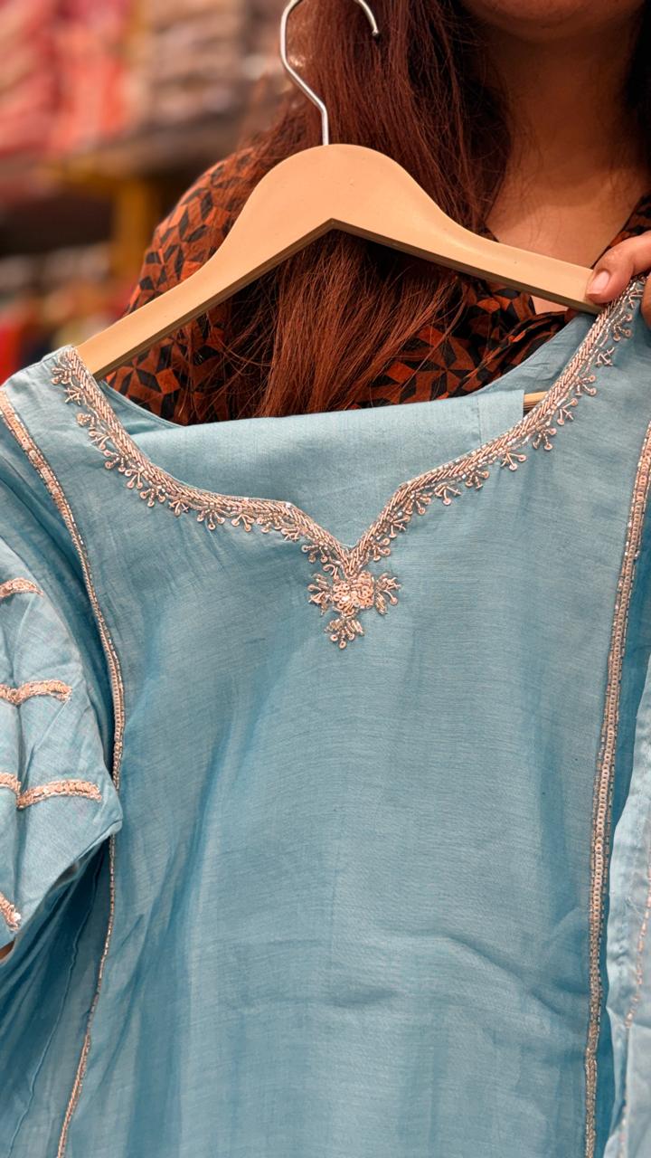 Sky Blue Grace Mul Chanderi Suit Set