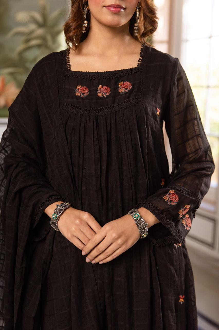 Black Floral Embroidered Cotton Anarkali with Dupatta