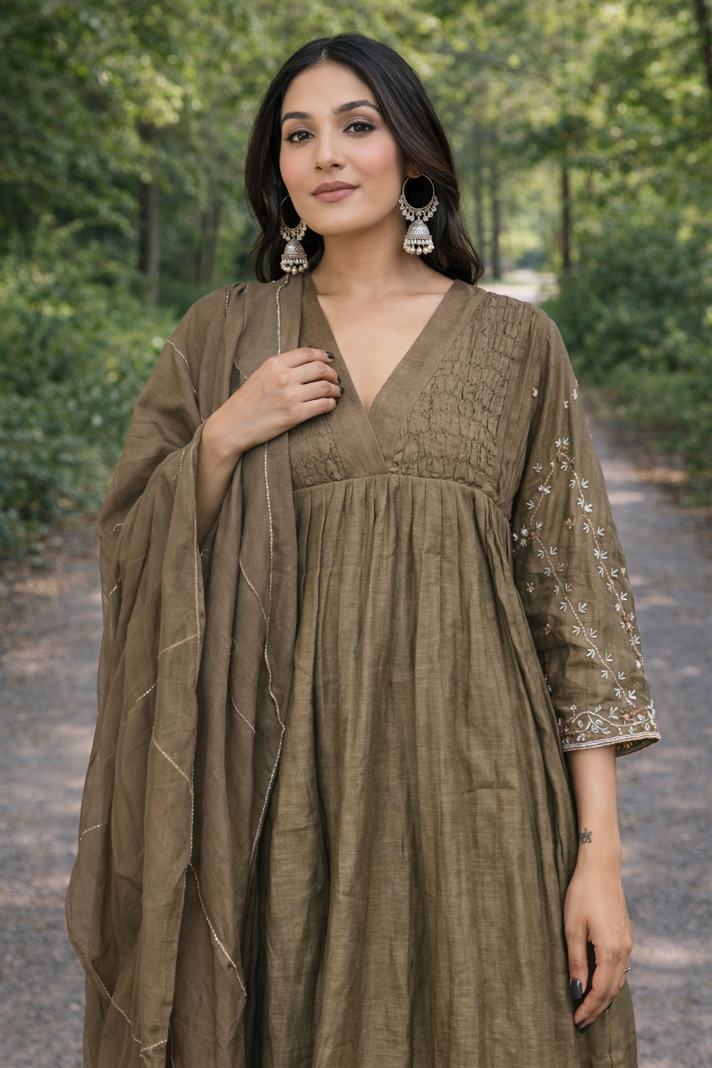 Olive Mocha Embroidered Gathered suit Set