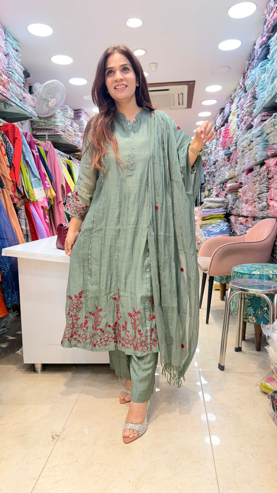 Sage Green Mul Chanderi Embroidered Suit Set 🫶