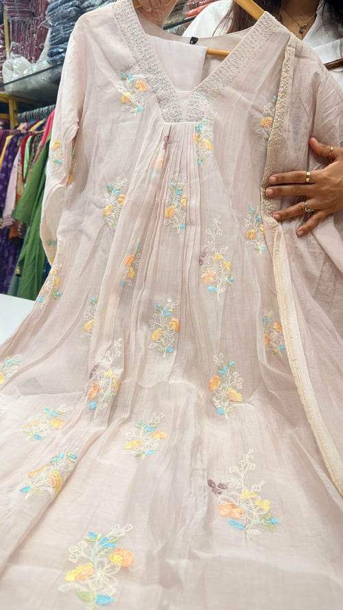 Pastel Blush Mul Chanderi Embroidered Suit Set with Dupatta