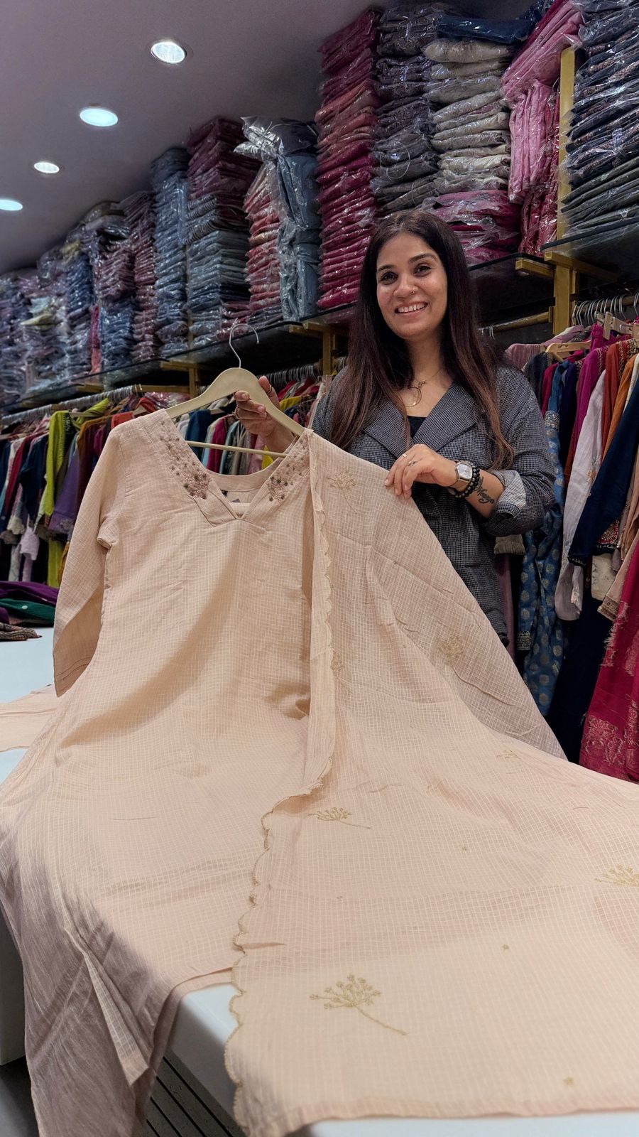 Peach Kota Doriya Embroidered Suit Set