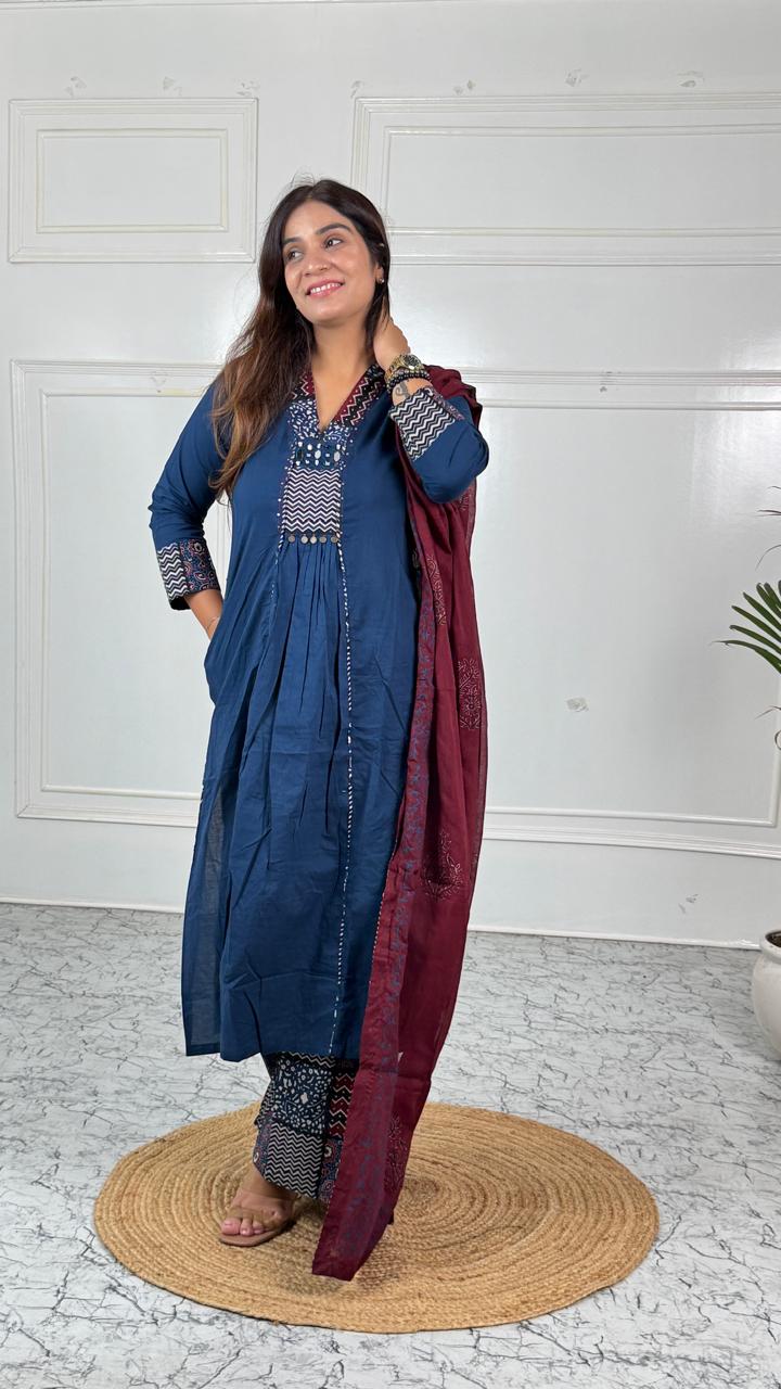 Indigo Printed Suit Set with Maroon Dupatta