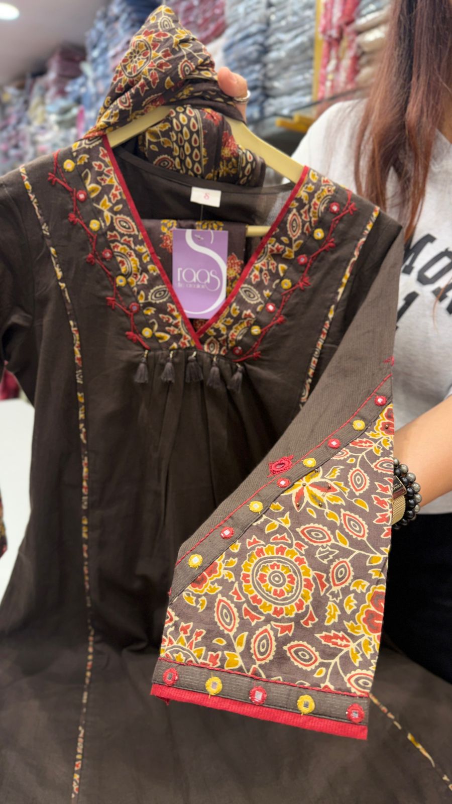 Black Grey Embroidered Kurta Set with Printed Dupatta