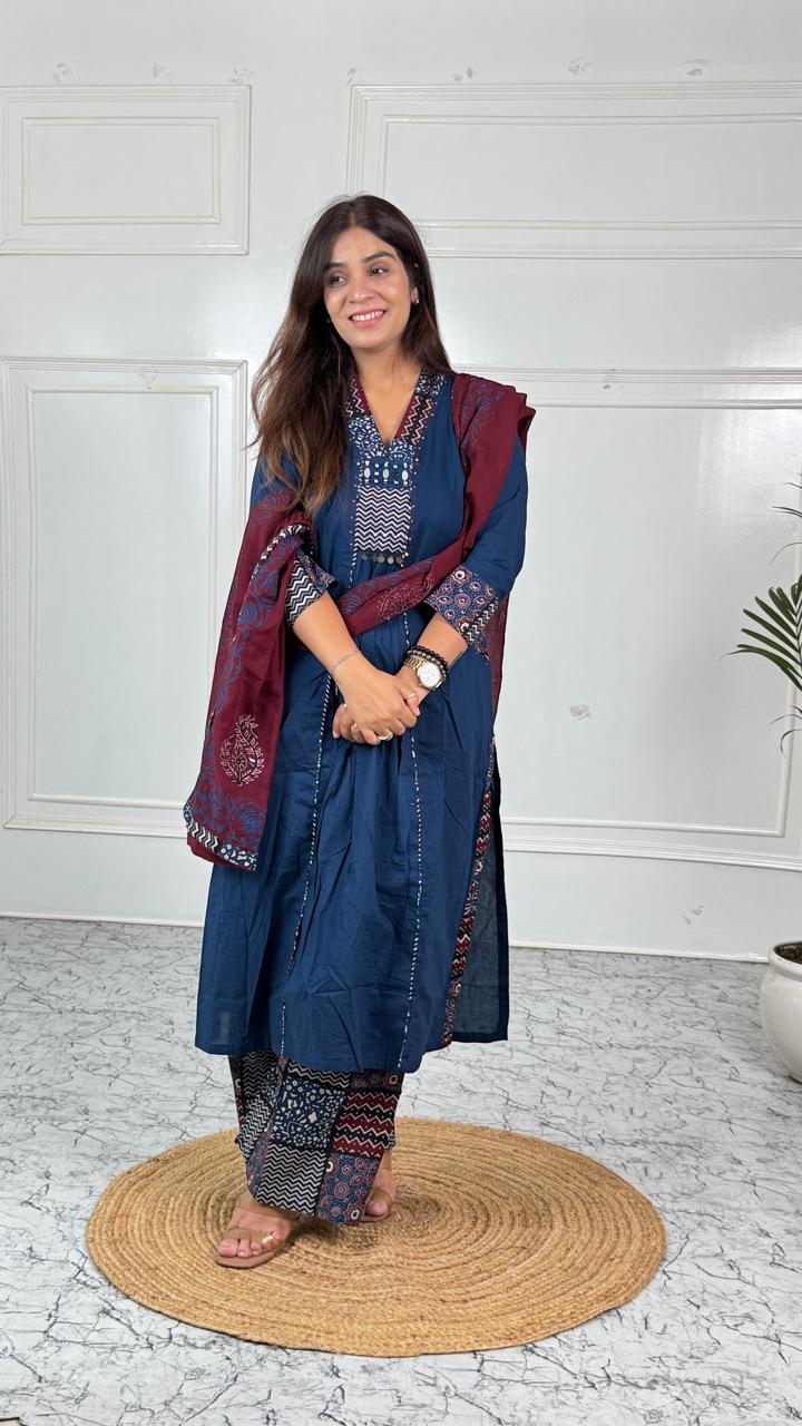 Indigo Printed Suit Set with Maroon Dupatta