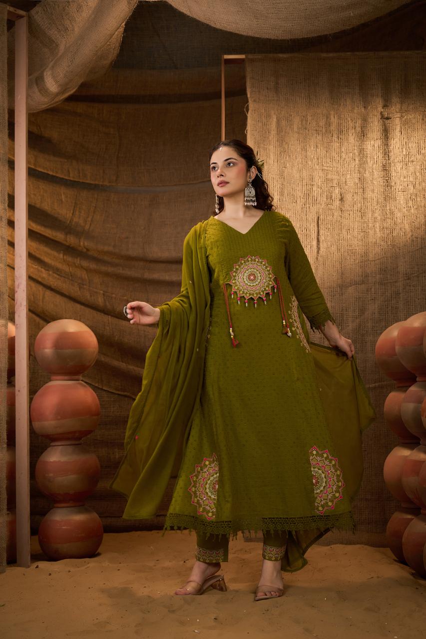 Olive Mandala Embroidered Anarkali Suit Set with Dupatta