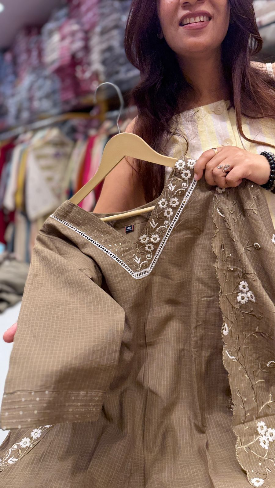 Mocha Kota Doriya Embroidered Suit Set