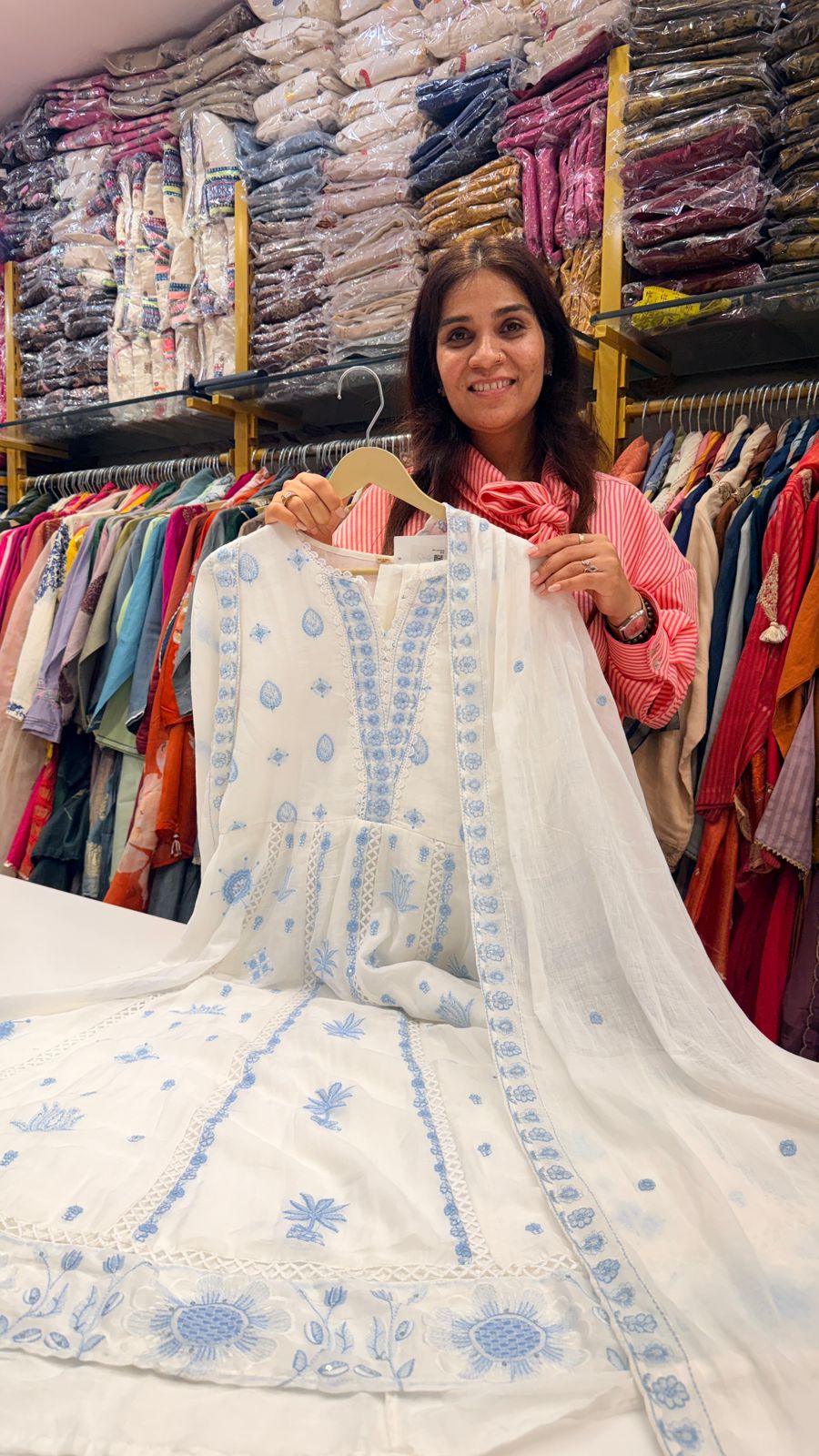Ivory Blue/Pink Chikankari Mul Cotton Suit Set