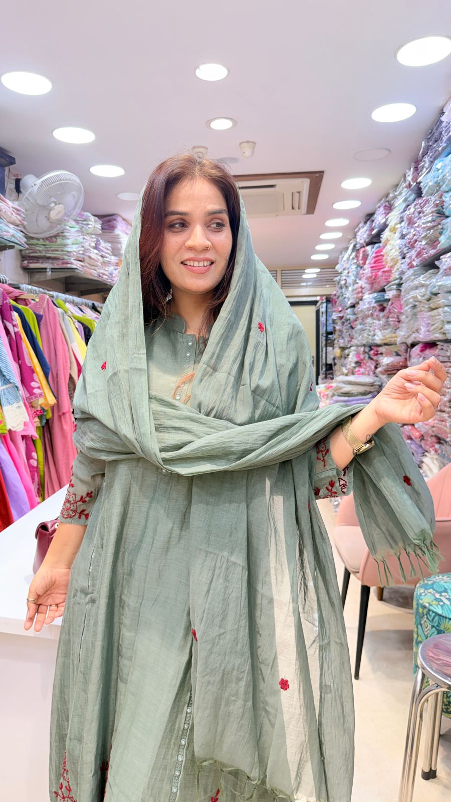 Sage Green Mul Chanderi Embroidered Suit Set