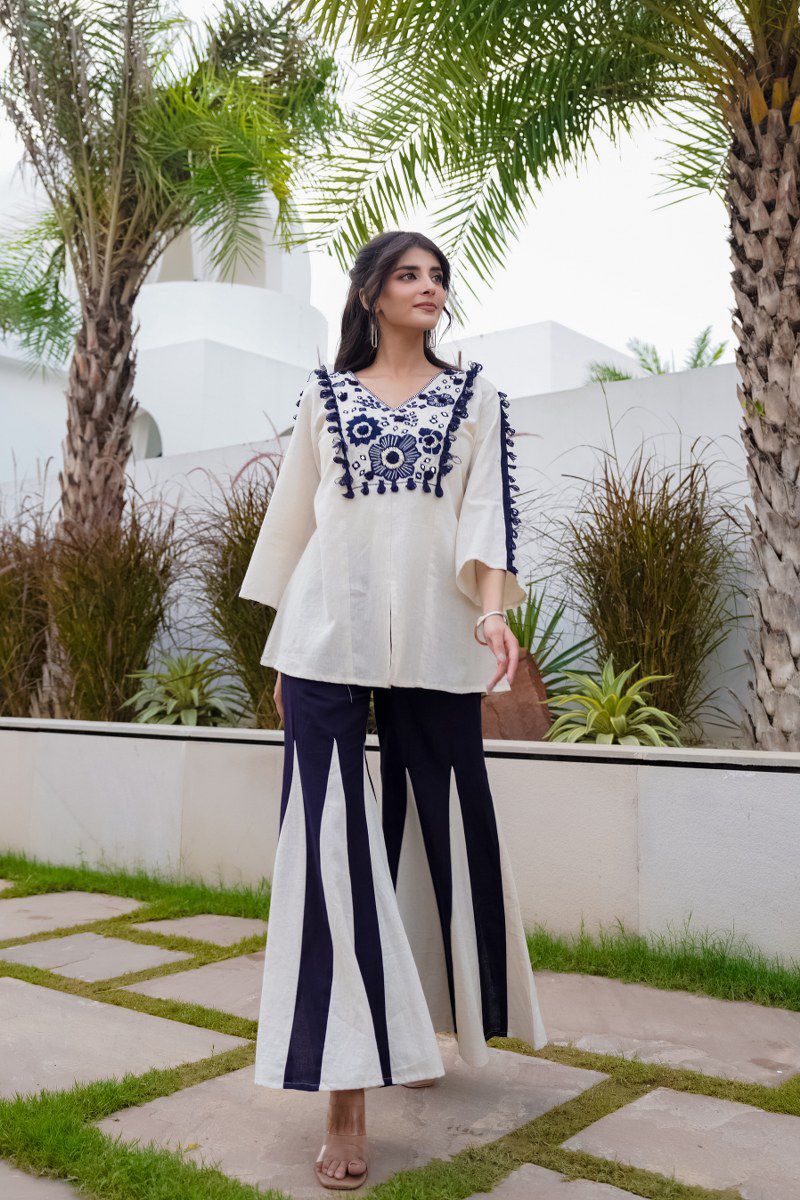 Ivory & Midnight Embroidered Palazzo Set