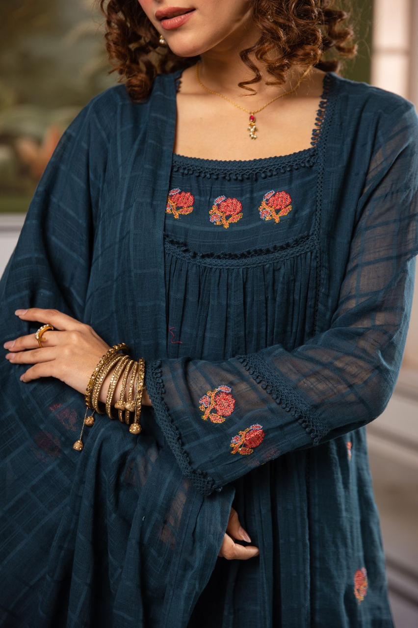 Blue Floral Embroidered Cotton Anarkali with Dupatta