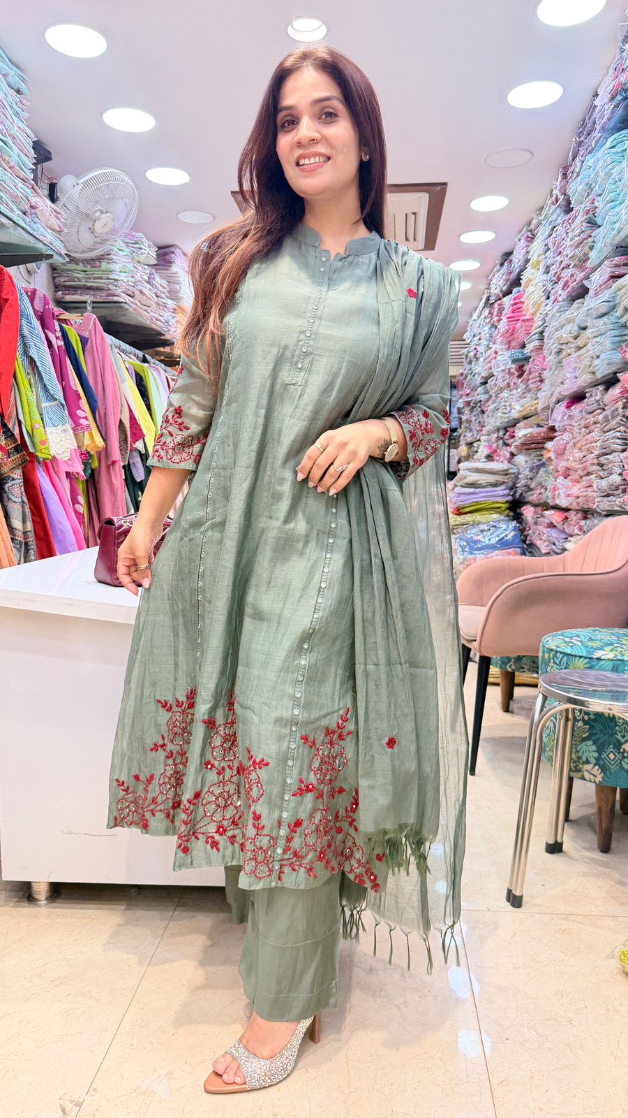 Sage Green Mul Chanderi Embroidered Suit Set 🫶