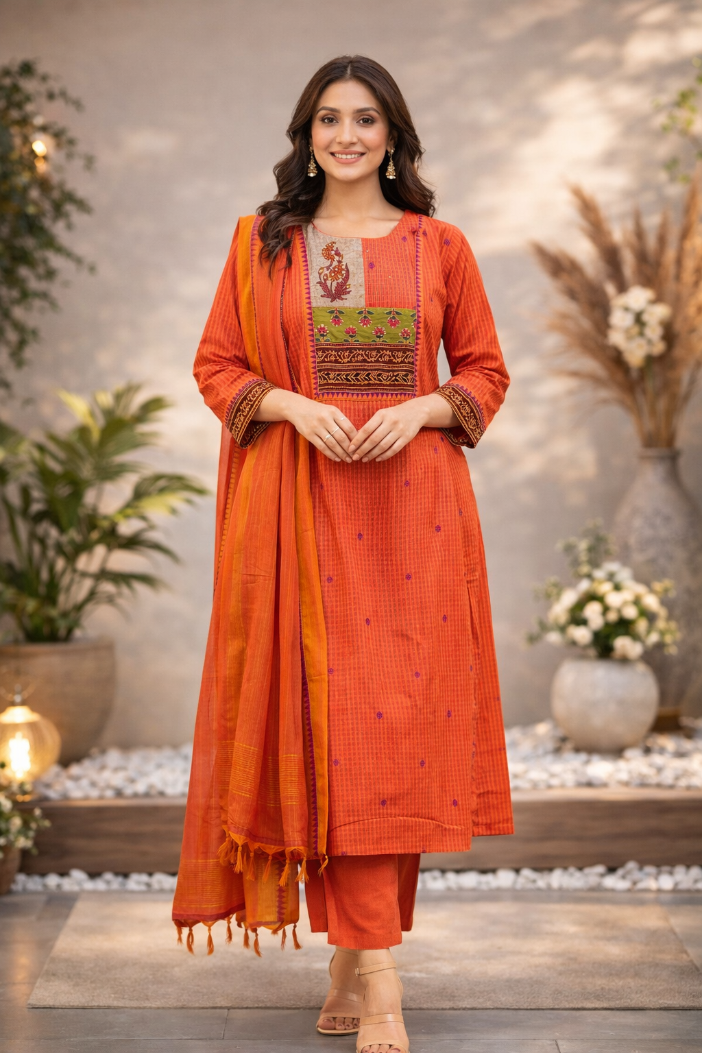Rust Orange Handloom Cotton Kurta Set with Woven Dupatta