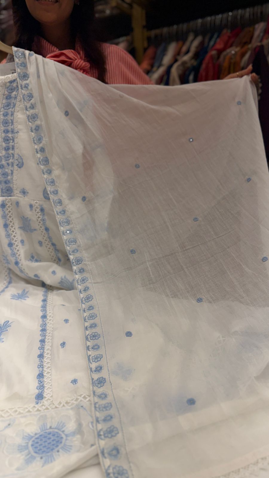 Ivory Blue/Pink Chikankari Mul Cotton Suit Set