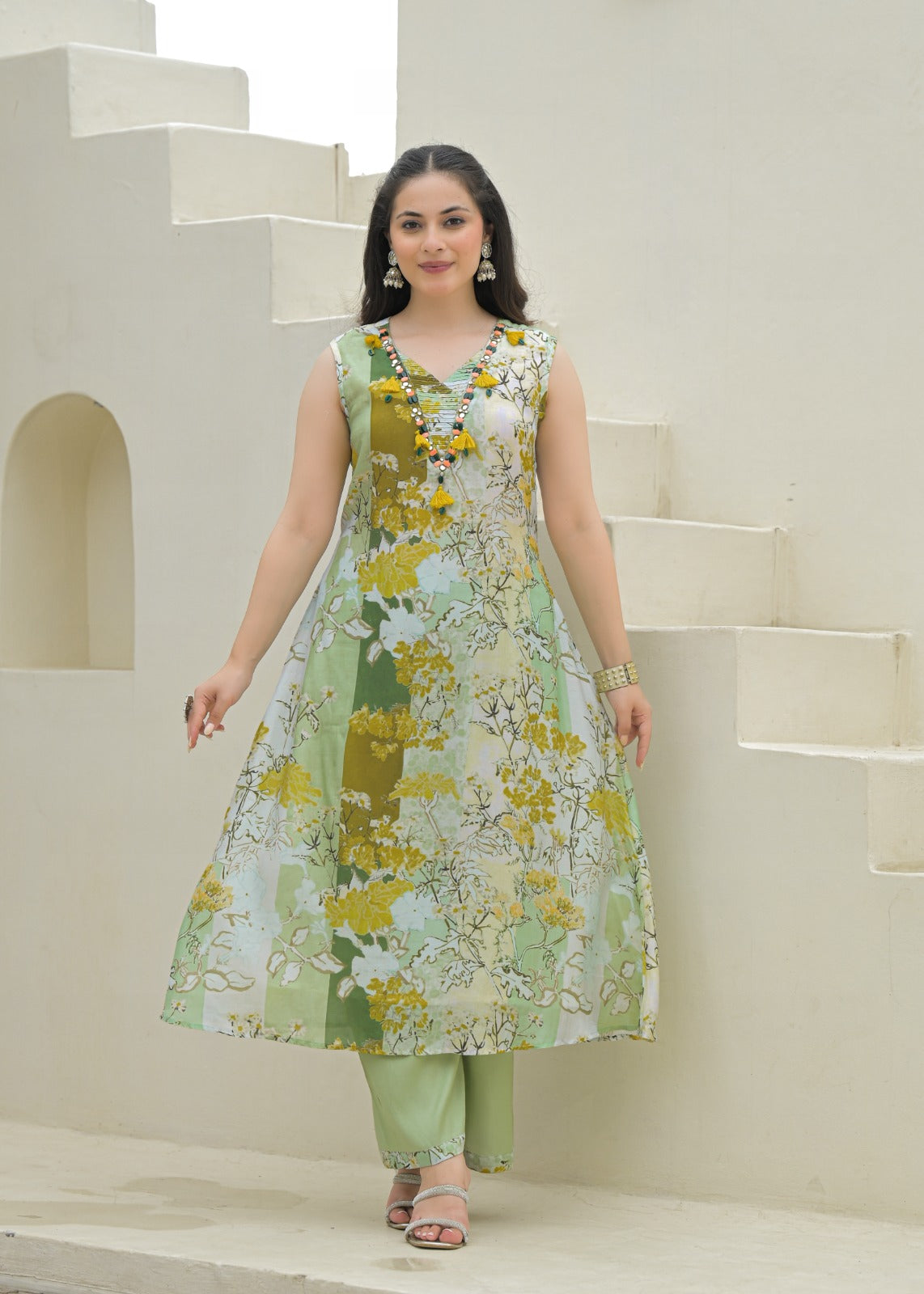 Blossom Printed A-Line Kurta Set with Tassel