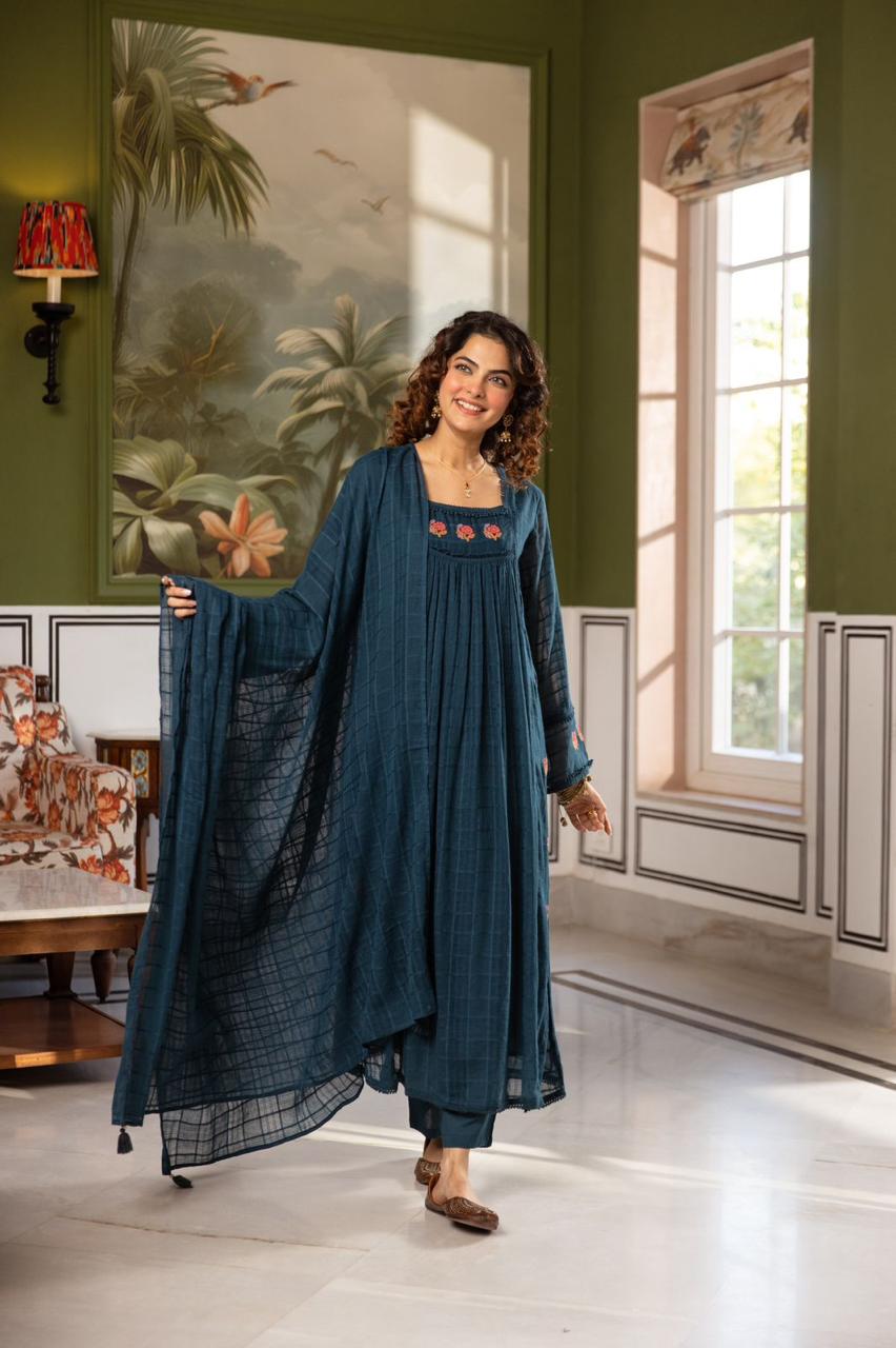Blue Floral Embroidered Cotton Anarkali with Dupatta