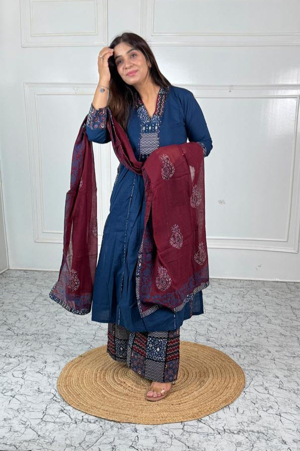 Indigo Printed Suit Set with Maroon Dupatta