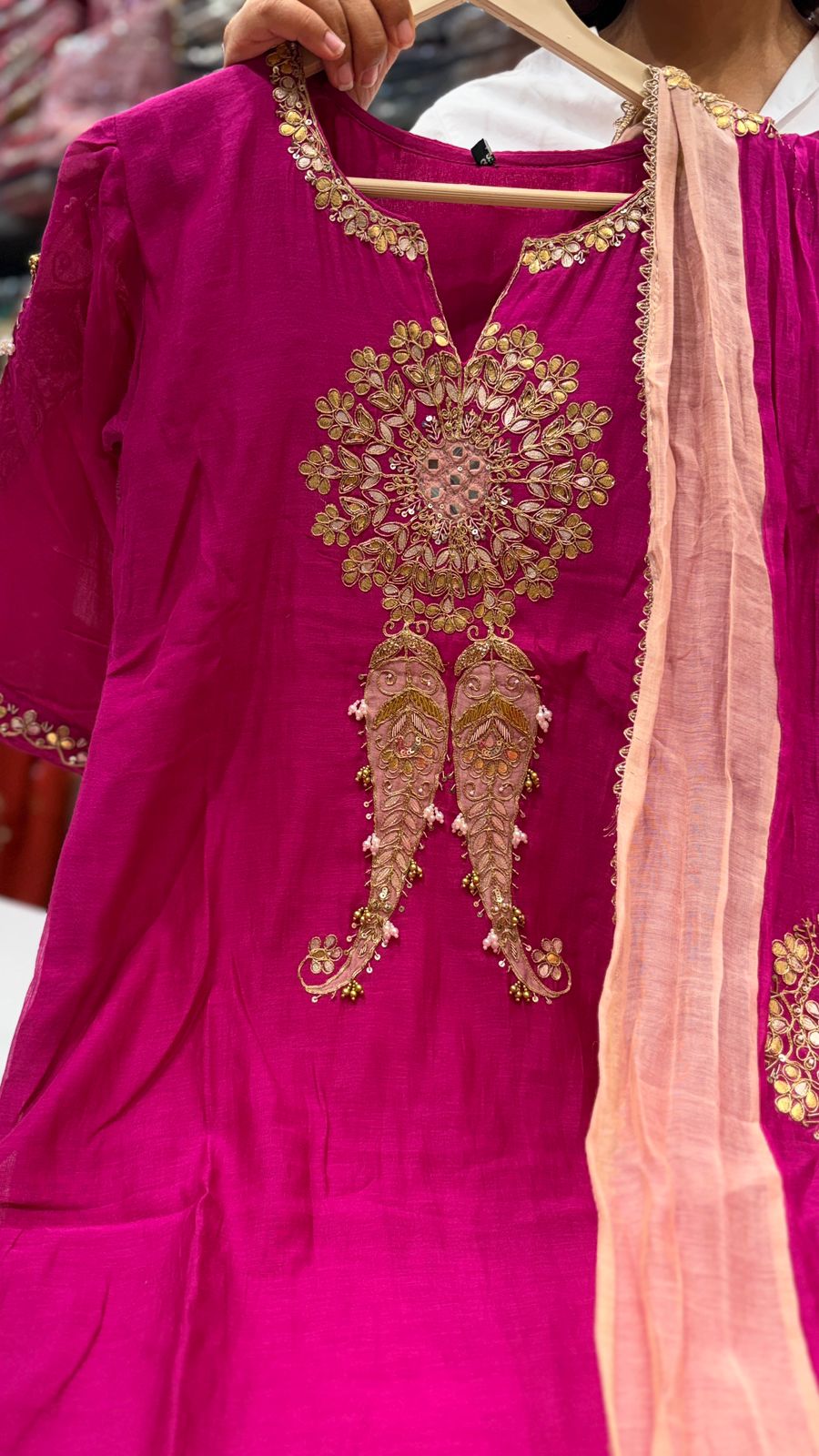 Elite Rani Pink Mul Chanderi Suit Set