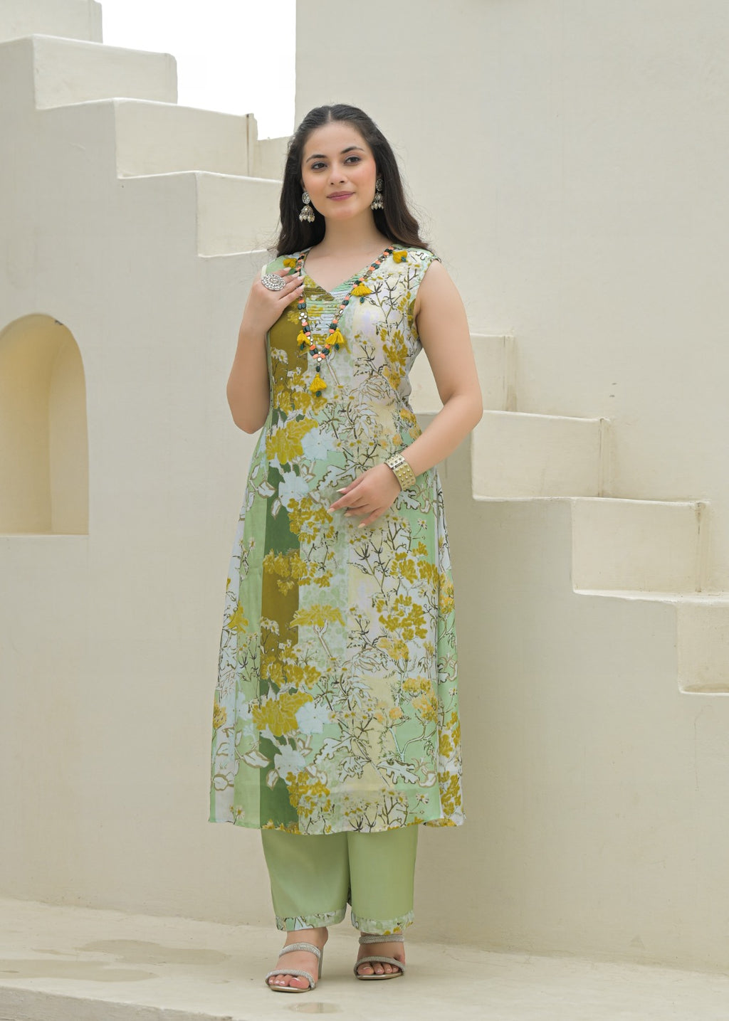Blossom Printed A-Line Kurta Set with Tassel