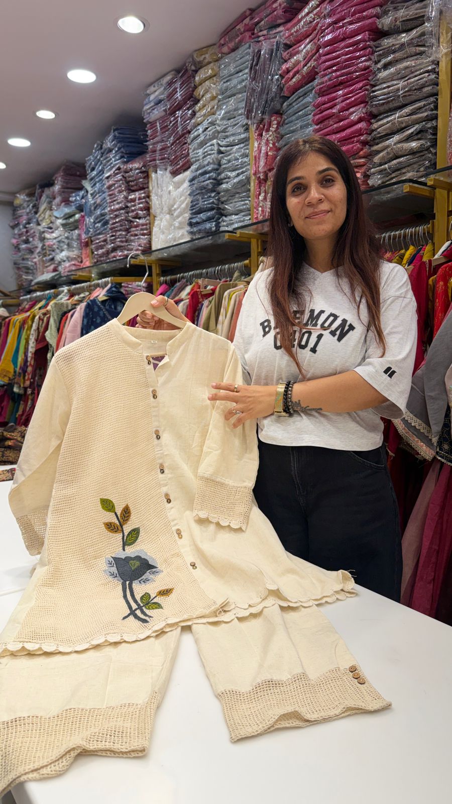 Jute+Linen Cotton Embroidered Co-Ord Set in Classic Ivory