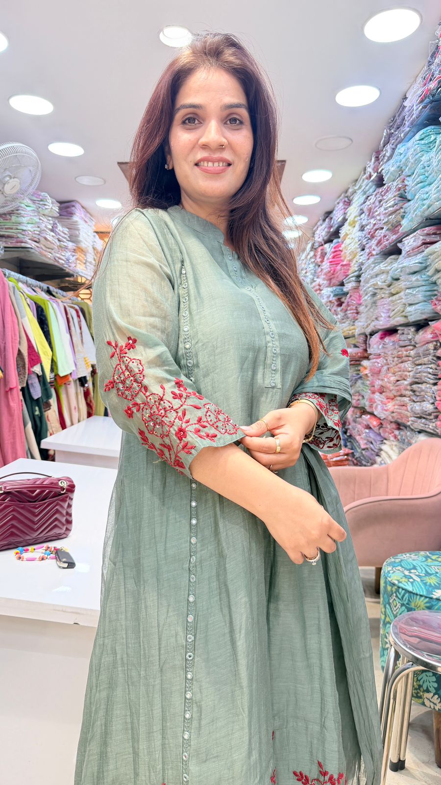 Sage Green Mul Chanderi Embroidered Suit Set