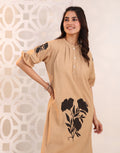 Beige Floral Embroidered Cotton Kurta pant