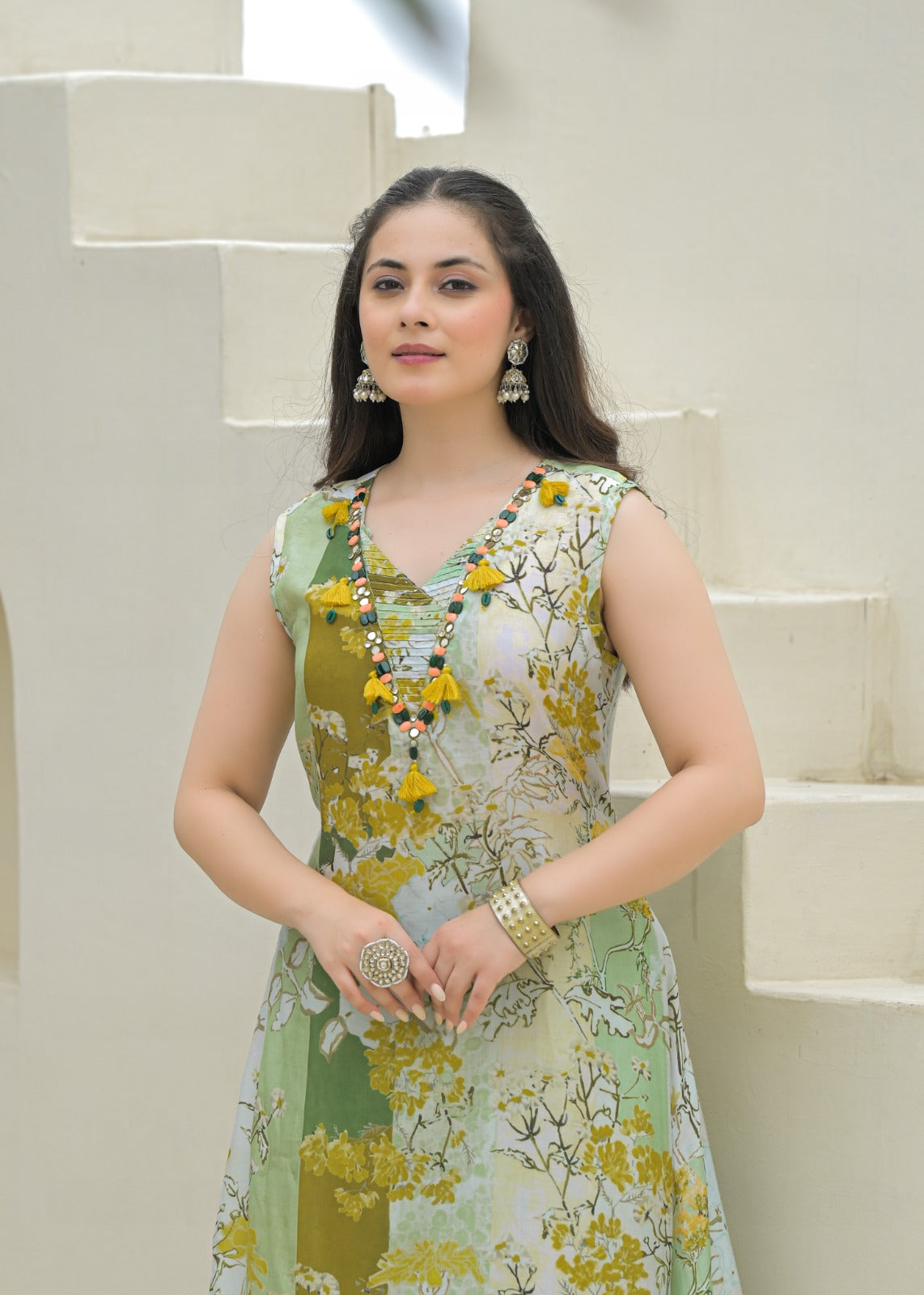 Blossom Printed A-Line Kurta Set with Tassel