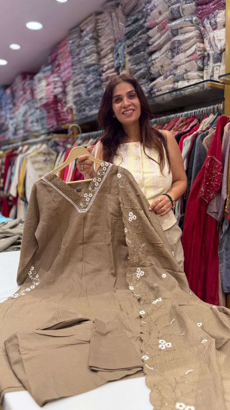 Mocha Kota Doriya Embroidered Suit Set