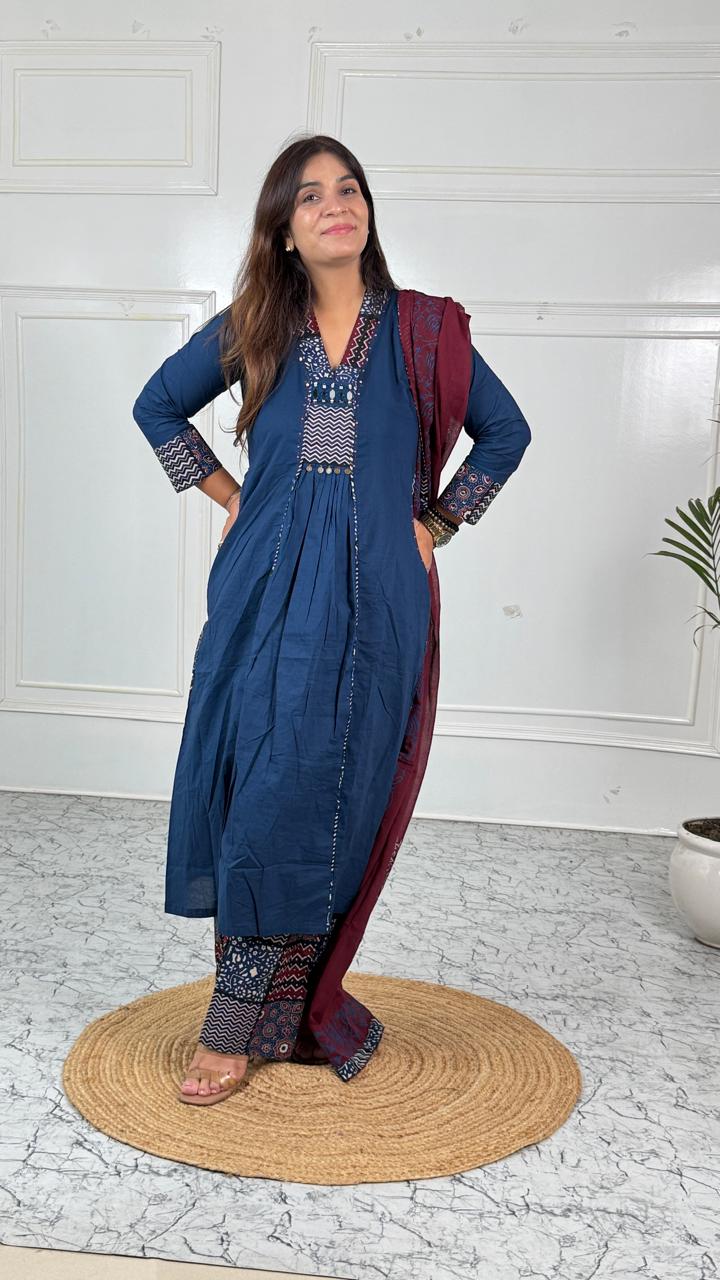 Indigo Printed Suit Set with Maroon Dupatta