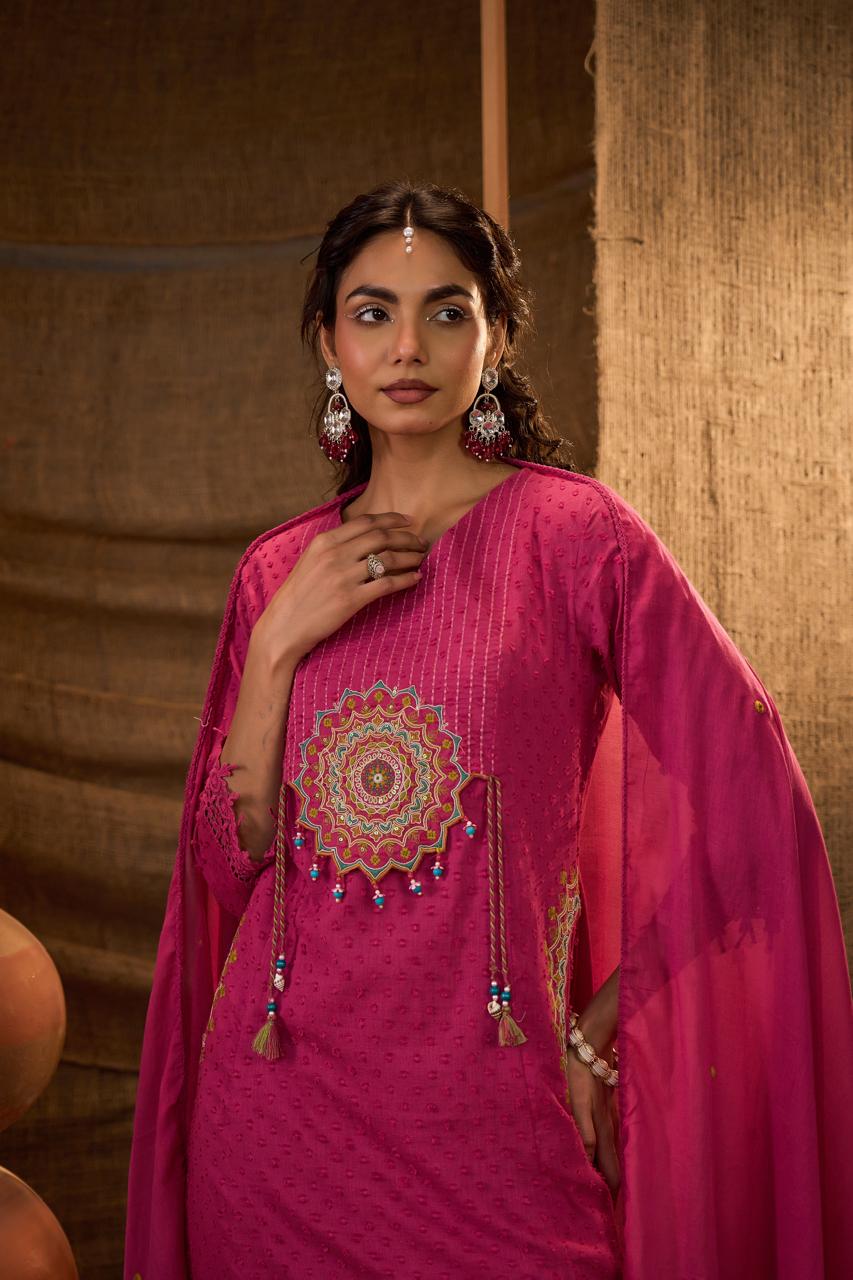 Rani Pink Mandala Embroidered Anarkali Suit Set with Dupatta