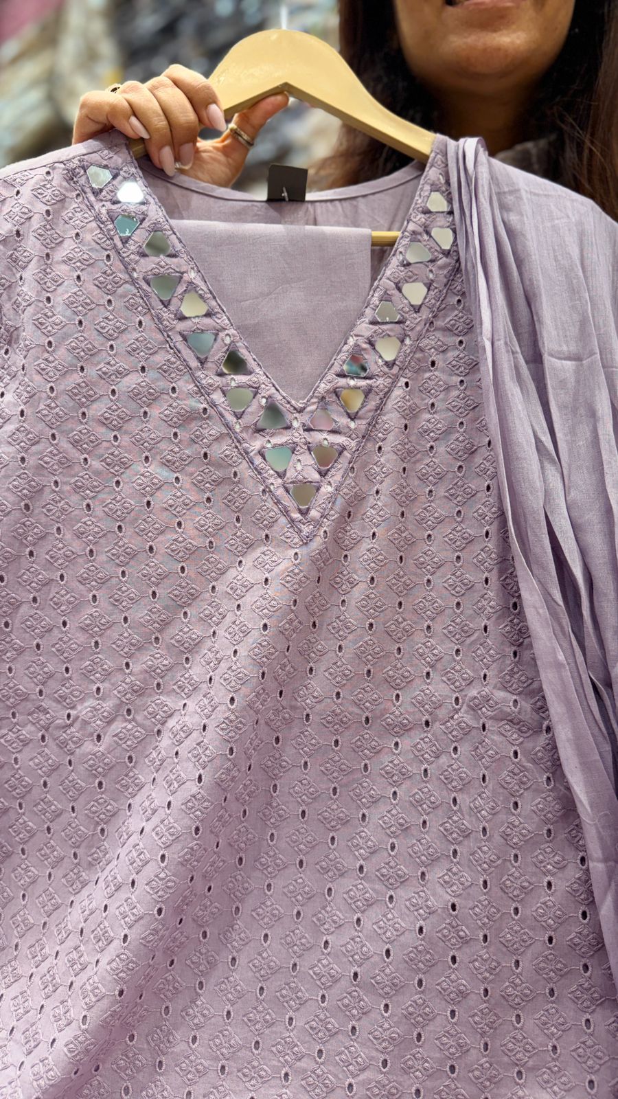 Lavender Mirror Work Cotton Suit Set