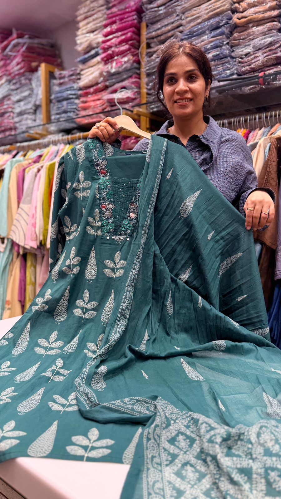 Emerald Leaf Printed Cotton Suit