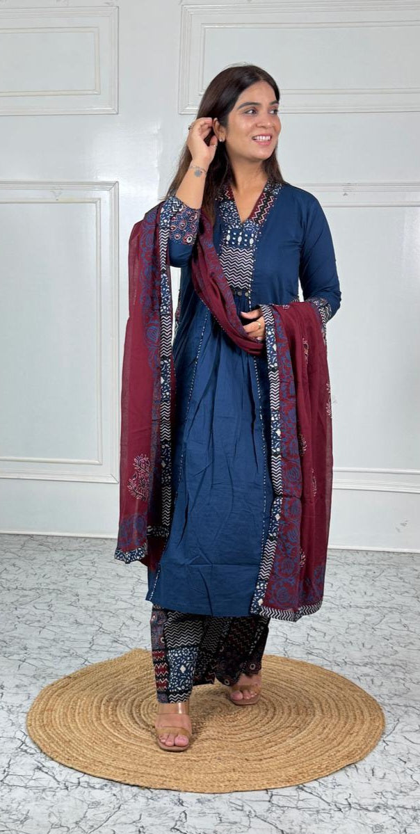 Indigo Printed Suit Set with Maroon Dupatta