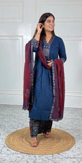 Indigo Printed Suit Set with Maroon Dupatta